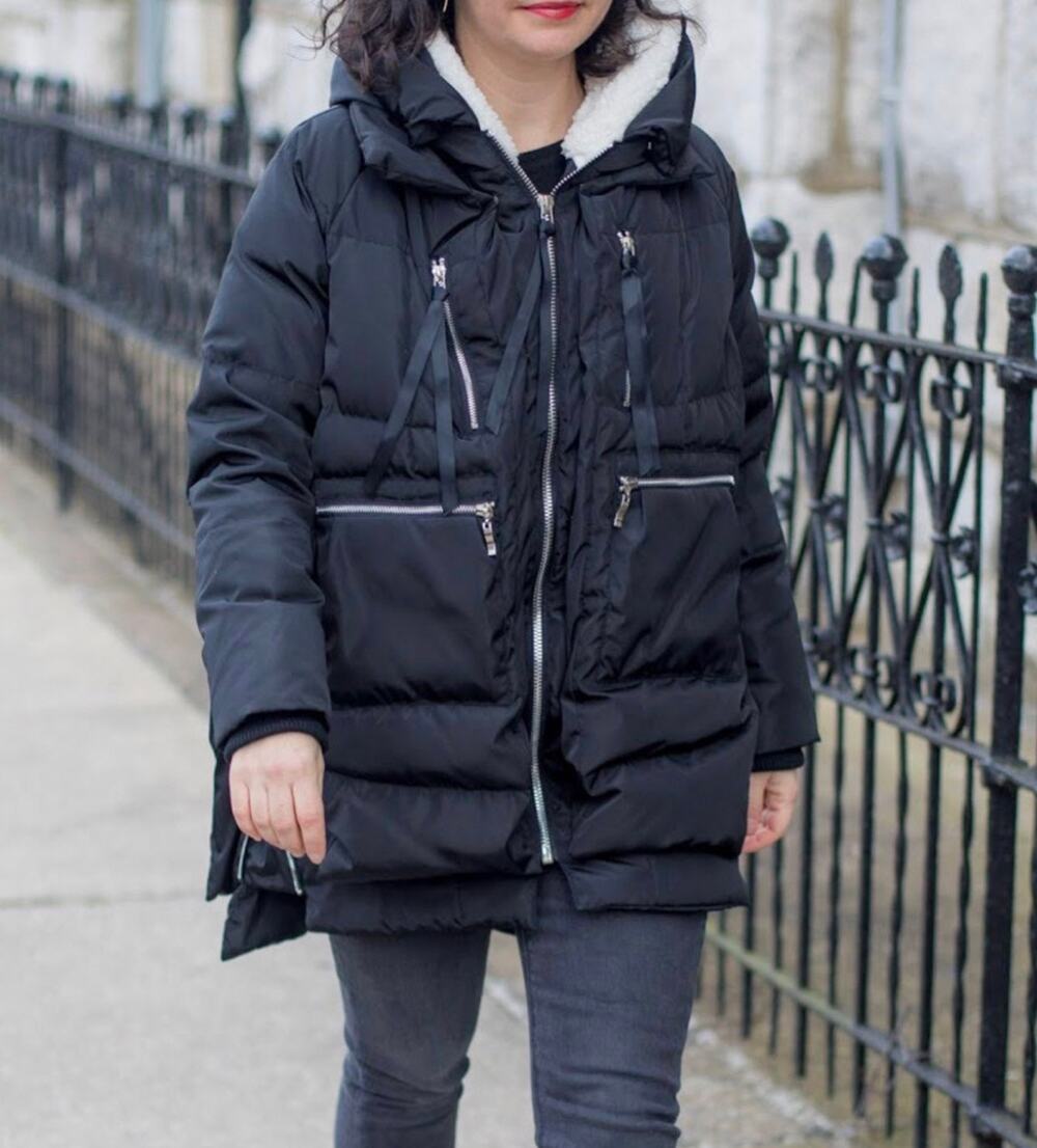 NEW OROLAY Sz Small Warm 90% Down Navy Fleece Lined Hood Winter Coat Jacket